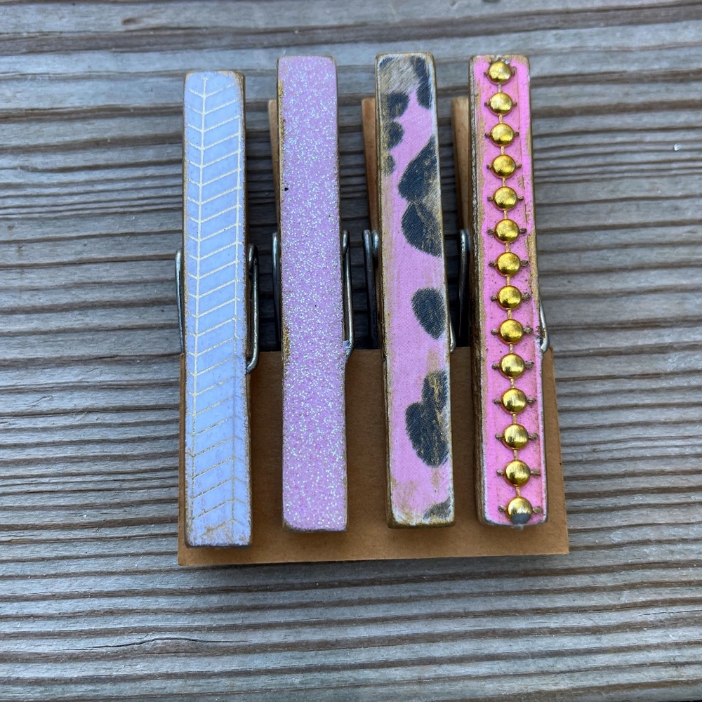 Hand decorated clothespin magnets antiqued hand painted with scrapbook paper